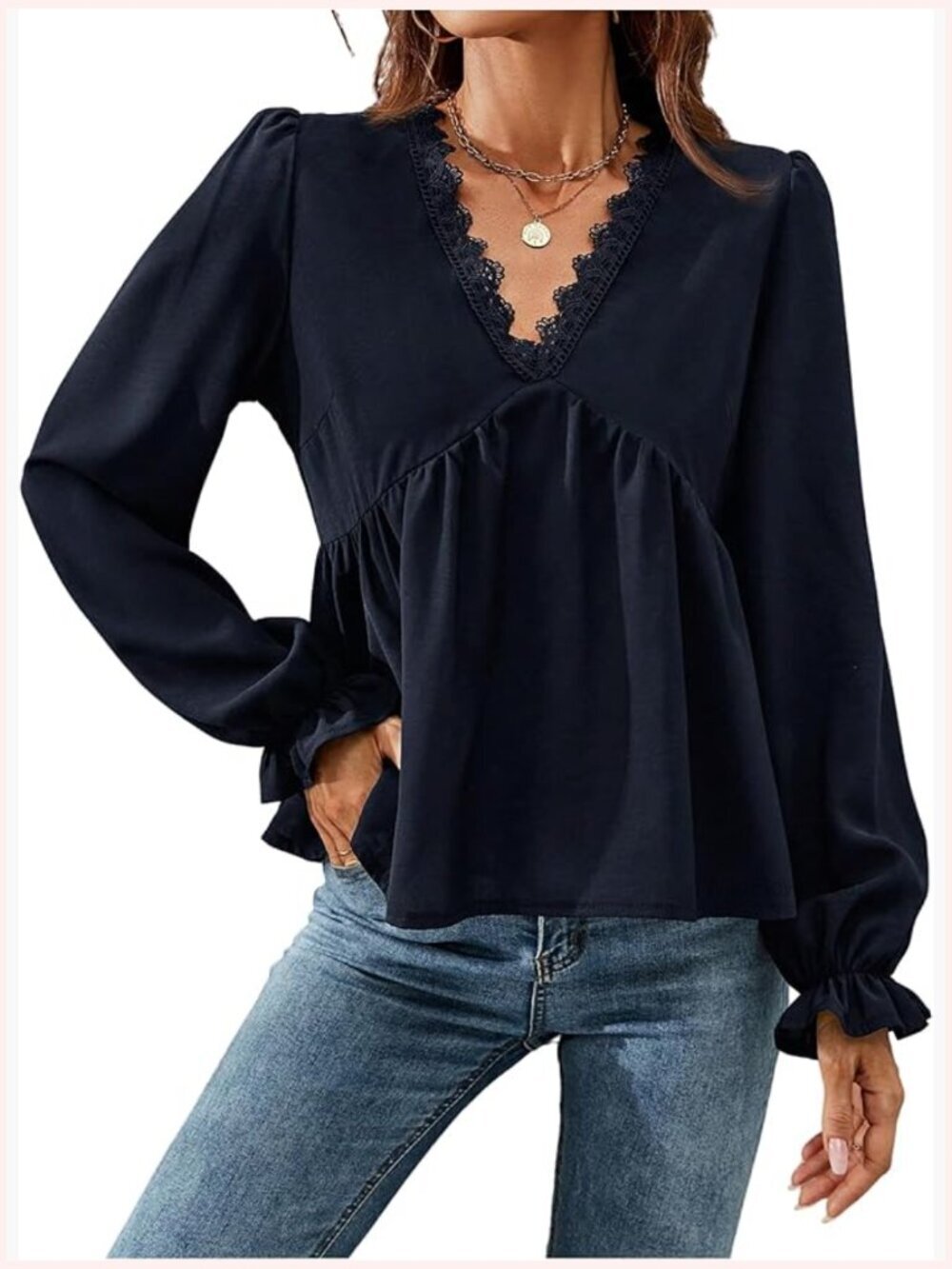 Lace V Neck Peplum Blouse - Long Sleeve Ruffle Hem Solid Top